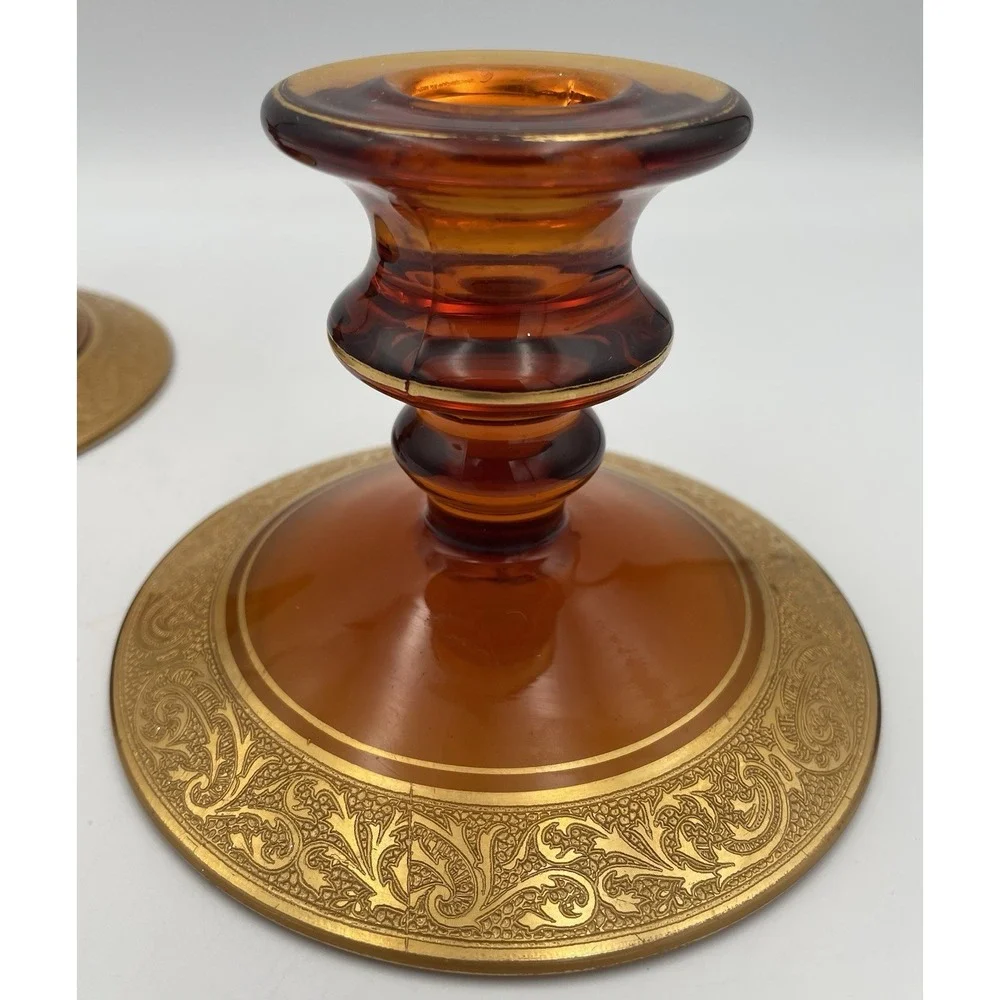 Vtg. Amber Glass Candle Holders Candlestick Pair Gold Encrusted Base Trim 1920's